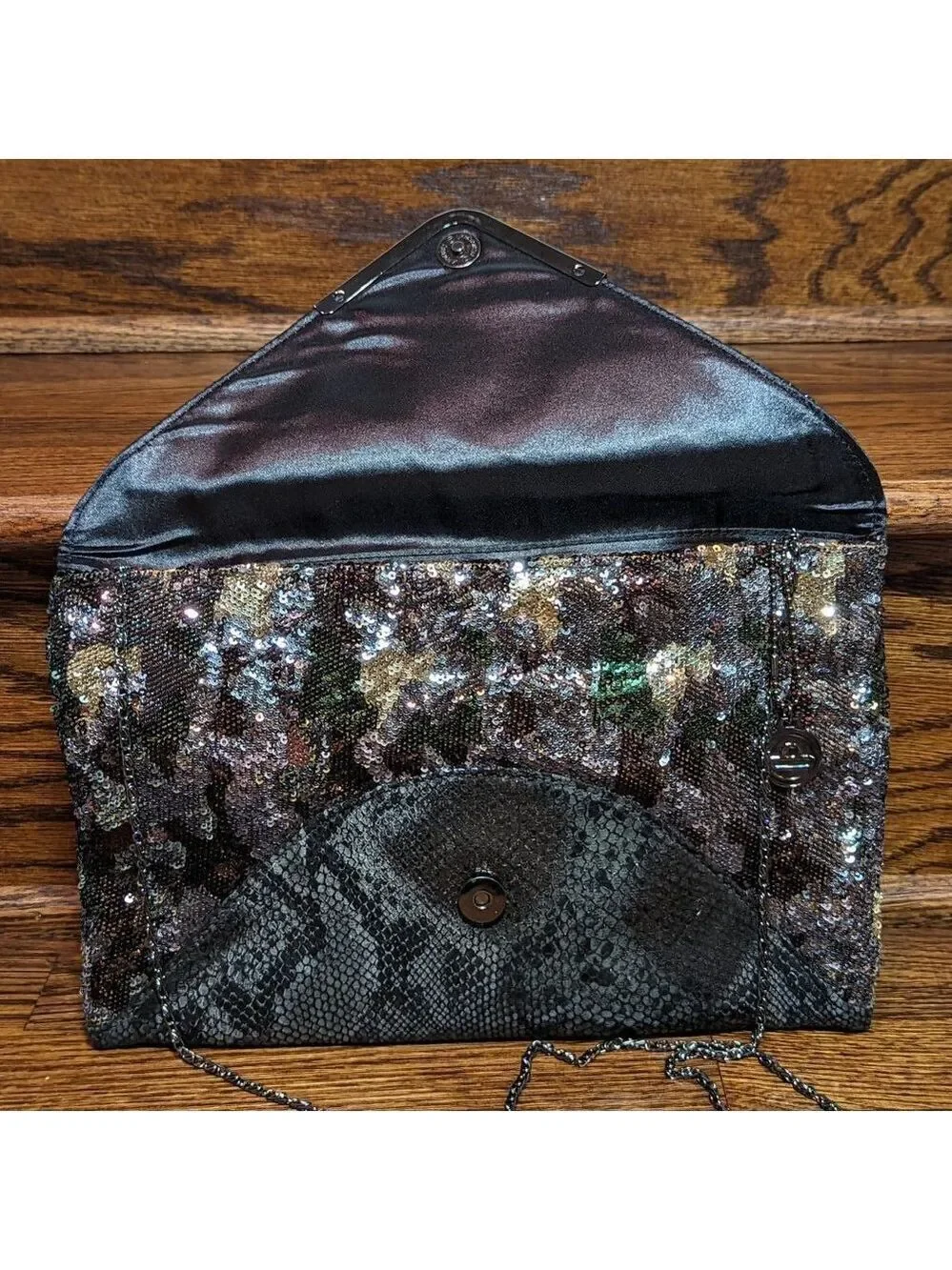 Big Buddha Gunmetal Snakeskin and Sequin Envelope Clutch EUC